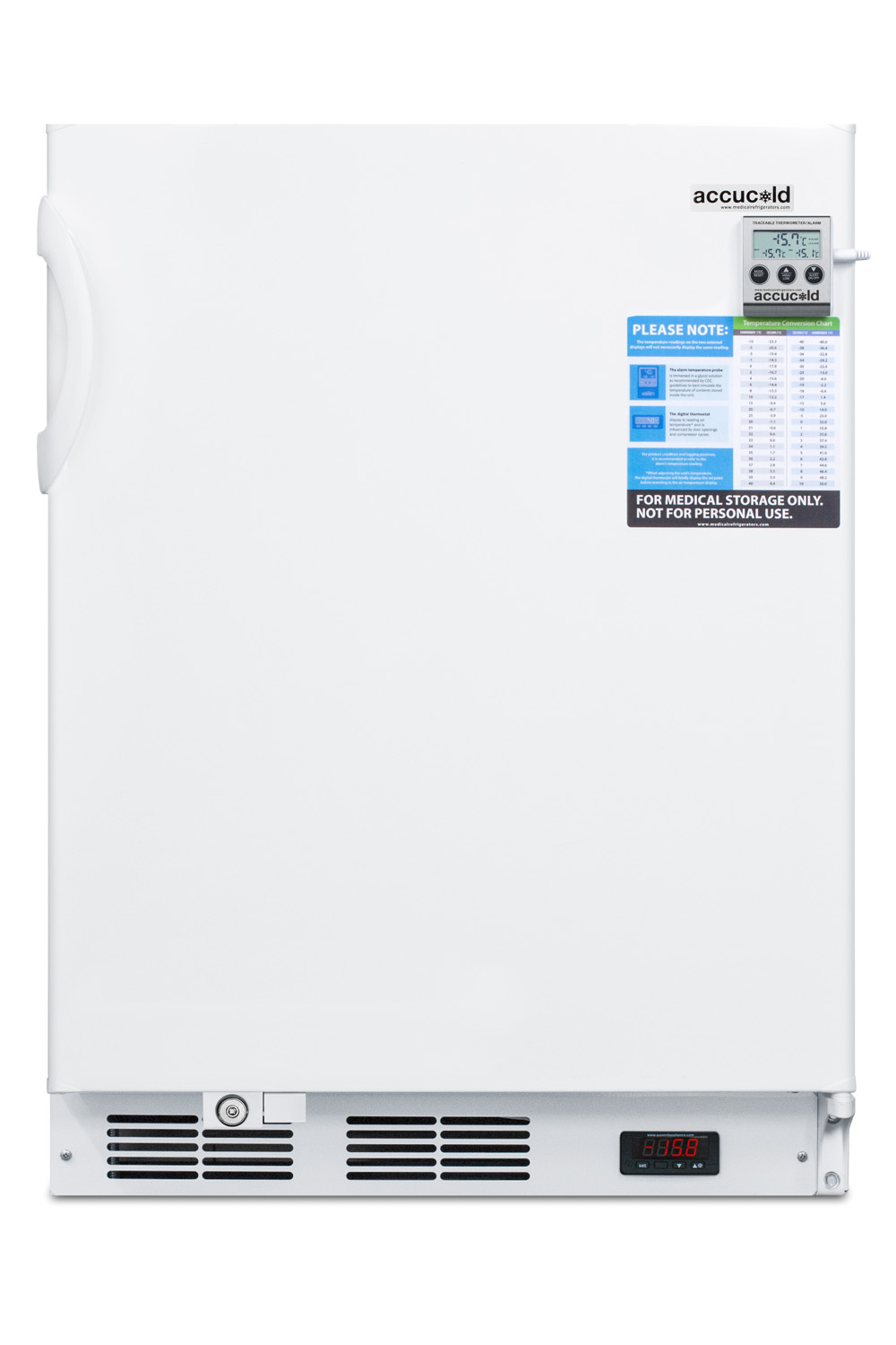 ADA compliant built-in undercounter vaccine all-freezer with digital thermostat, temperature alarm, hospital grade cord, self-closing door, and front lock